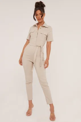 Beige Button Up Front Utility Jumpsuit - Crystal