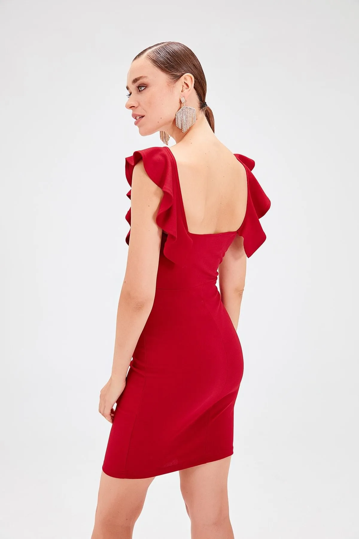 13072 Wine Red Ruffle Sleeve Bodycon Dress