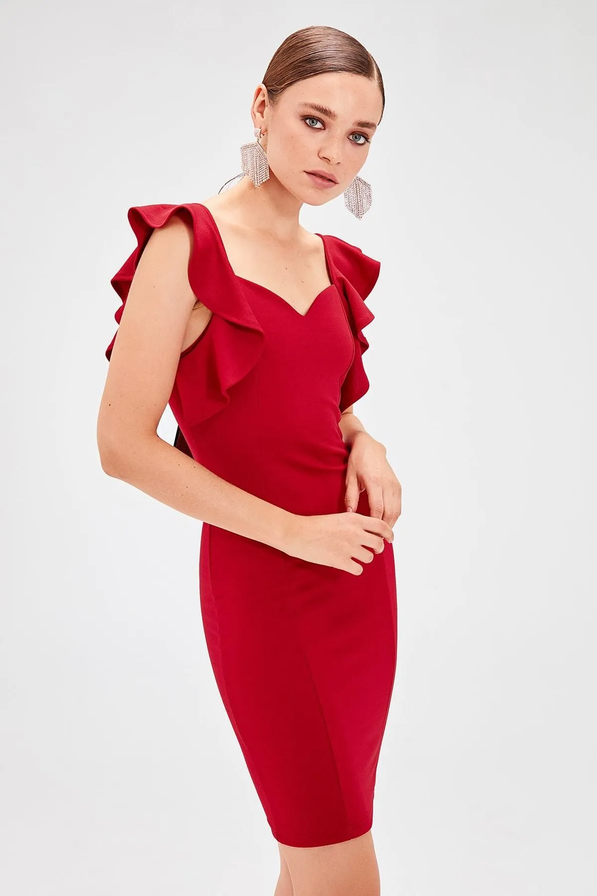 13072 Wine Red Ruffle Sleeve Bodycon Dress