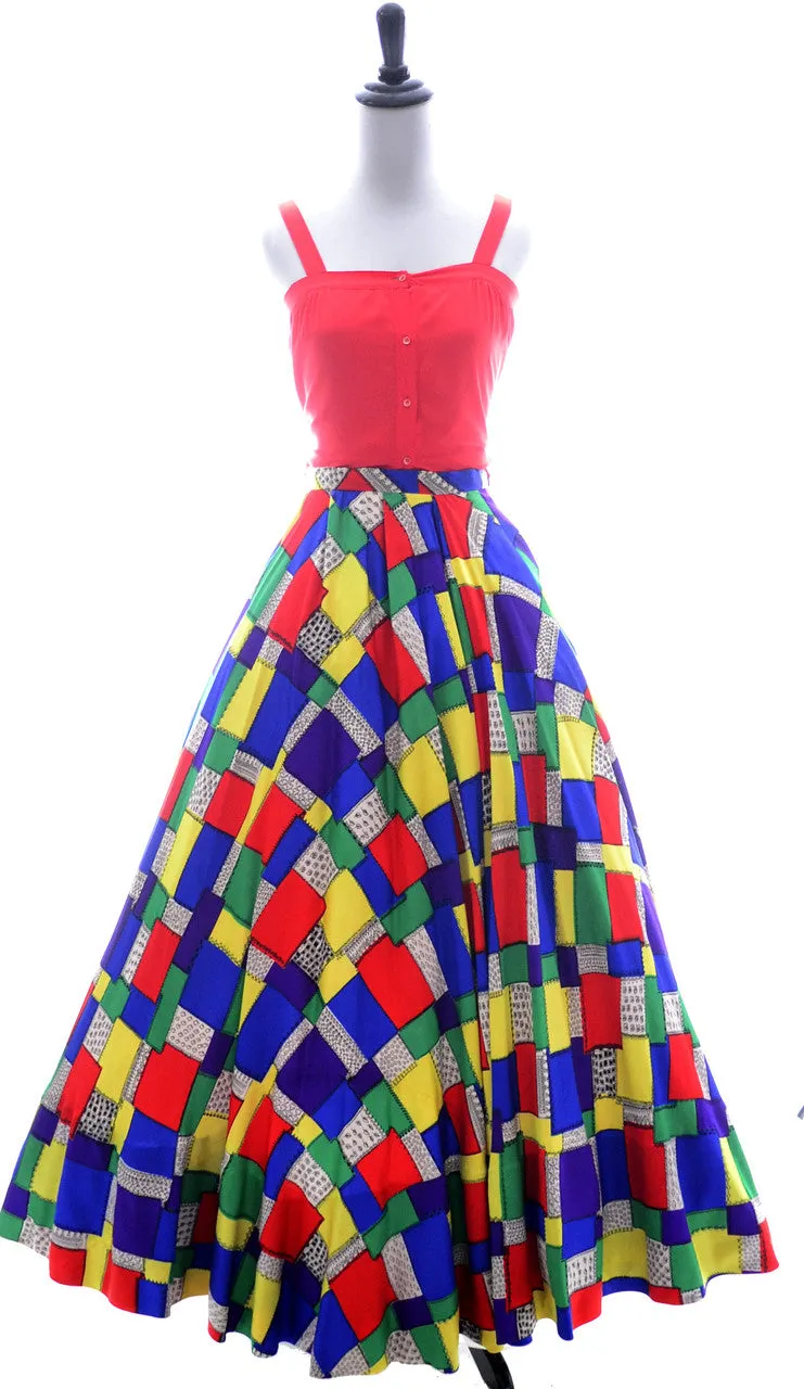 1940s Satin Patchwork Print Designer Full Skirt