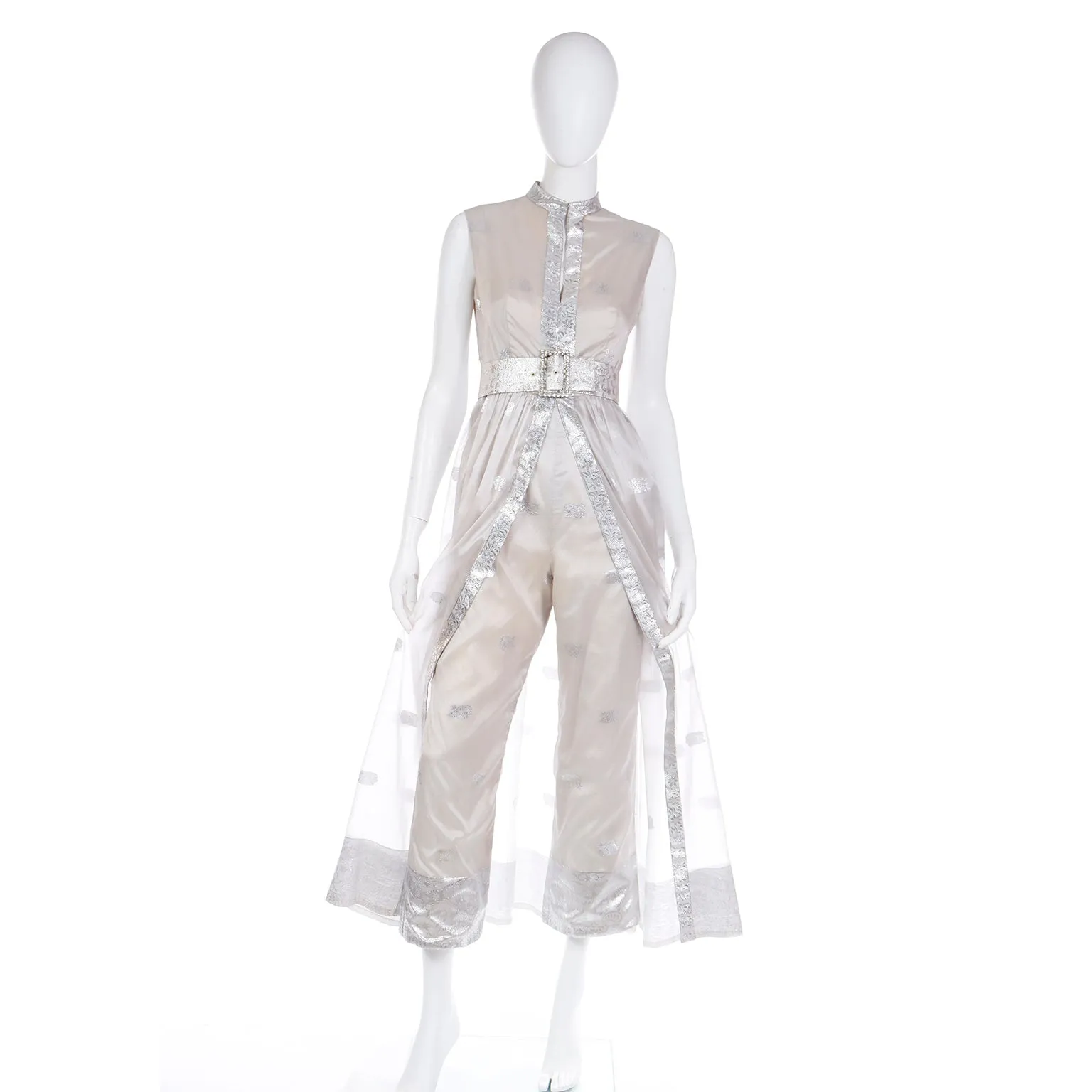 1970s Oscar de la Renta Vintage Metallic Sheer Organza Dress Over Pants