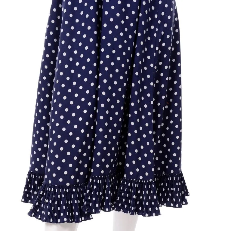 1970s Victor Costa Blue & White Polka Dot Midi Dress w/ Ruffles