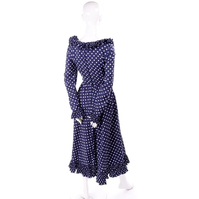 1970s Victor Costa Blue & White Polka Dot Midi Dress w/ Ruffles