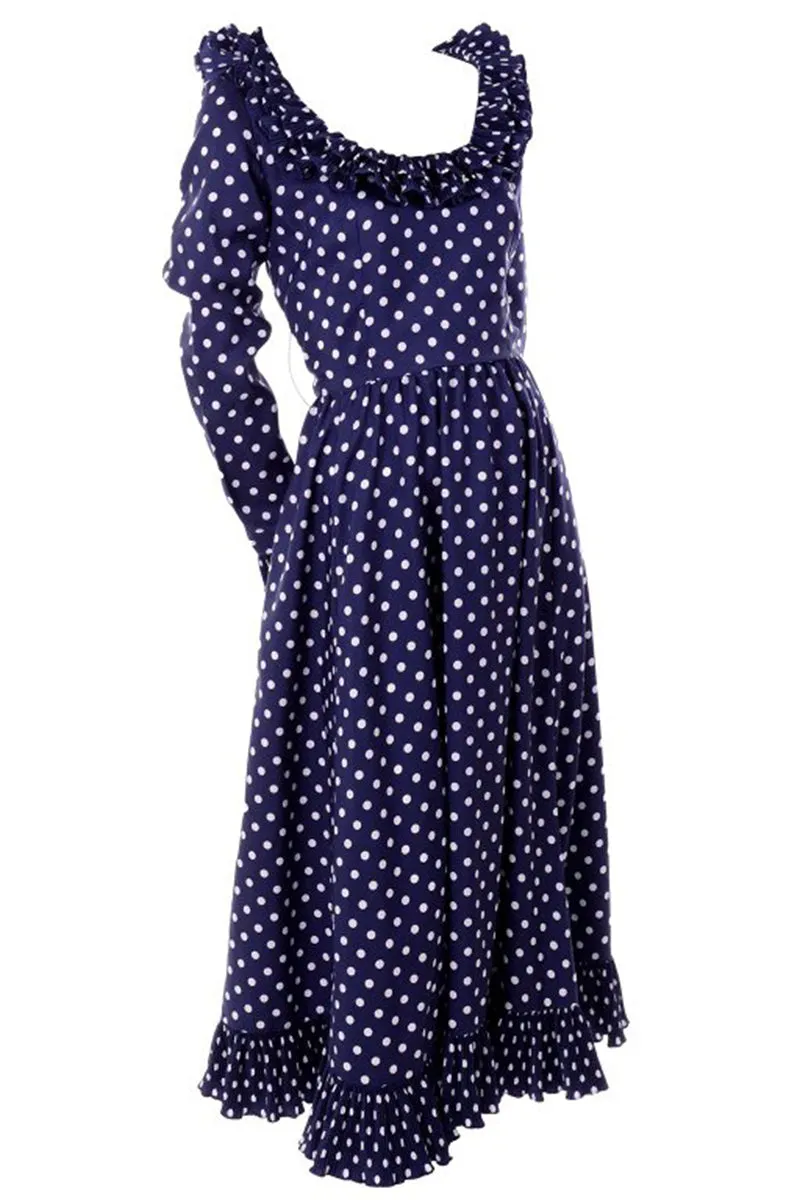 1970s Victor Costa Blue & White Polka Dot Midi Dress w/ Ruffles