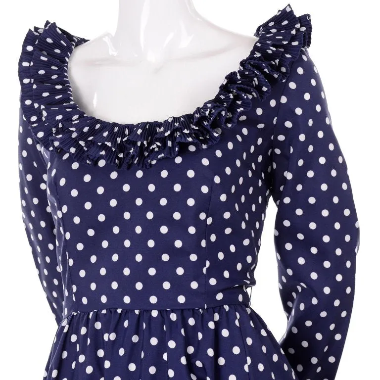 1970s Victor Costa Blue & White Polka Dot Midi Dress w/ Ruffles