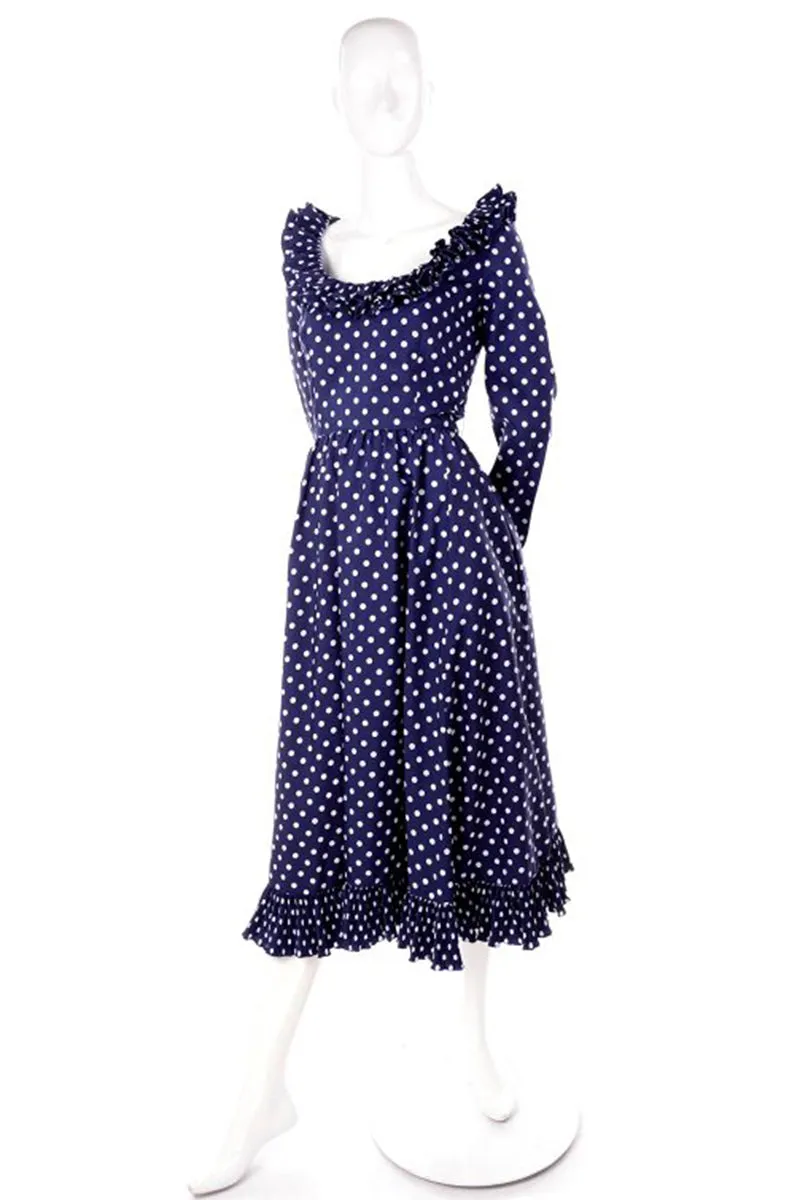 1970s Victor Costa Blue & White Polka Dot Midi Dress w/ Ruffles