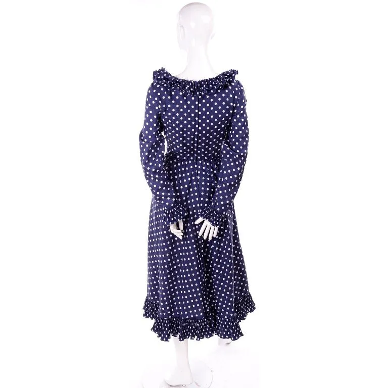 1970s Victor Costa Blue & White Polka Dot Midi Dress w/ Ruffles