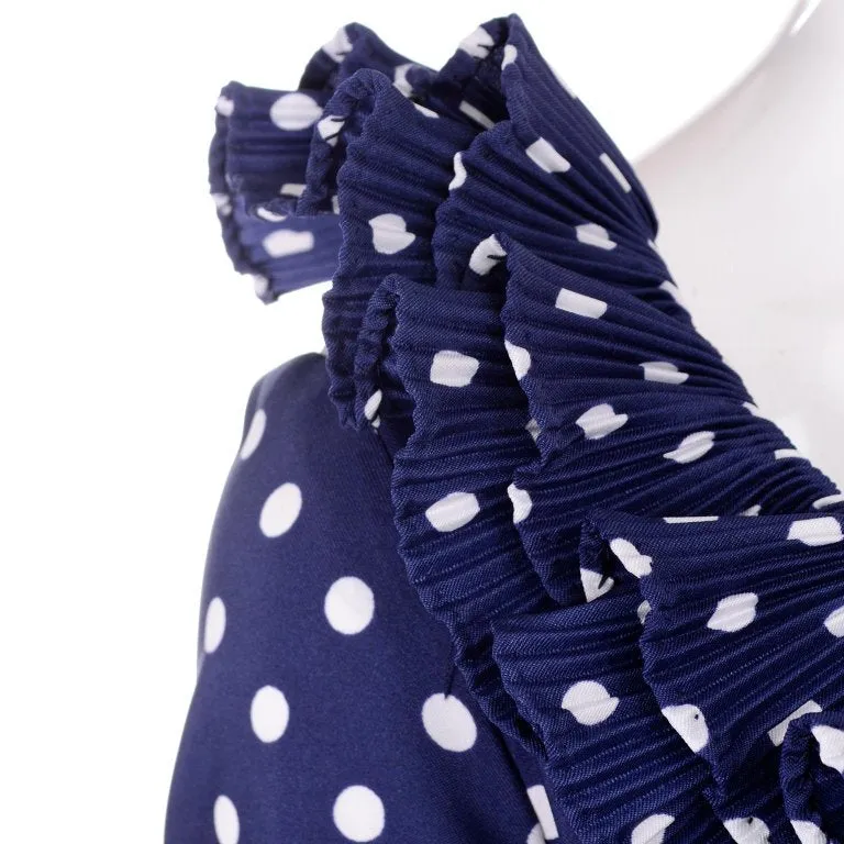 1970s Victor Costa Blue & White Polka Dot Midi Dress w/ Ruffles