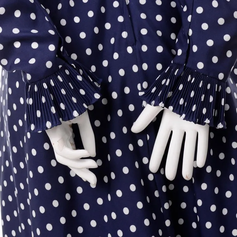 1970s Victor Costa Blue & White Polka Dot Midi Dress w/ Ruffles