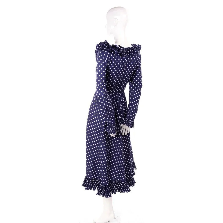 1970s Victor Costa Blue & White Polka Dot Midi Dress w/ Ruffles