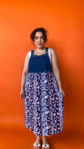 1990s Denim & Floral Overall Maxi Dress, sz. M