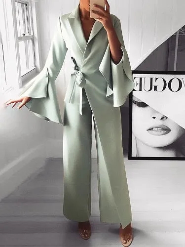 2018 Autumn Women Fashion Elegant Long Sleeve Workwear Formal Party Romper Irregular Flared Sleeve Knot Side Wide Leg Jumpsuit