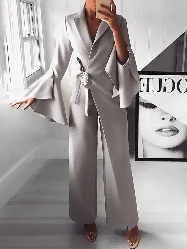 2018 Autumn Women Fashion Elegant Long Sleeve Workwear Formal Party Romper Irregular Flared Sleeve Knot Side Wide Leg Jumpsuit