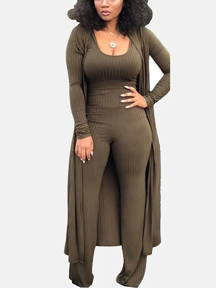 3PC Ribbed Cardigan Tank Pants Set