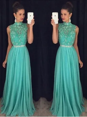 A Line High Neck Backless Lace Appliques Green Long Prom, Open Back Green Lace Formal Evening Graduation