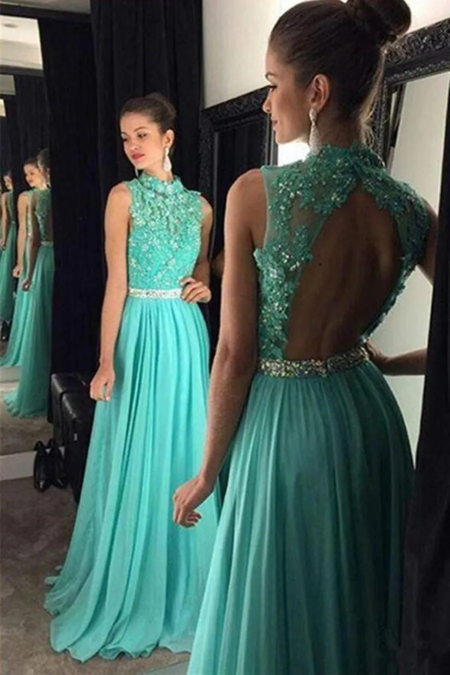 A Line High Neck Backless Lace Appliques Green Long Prom, Open Back Green Lace Formal Evening Graduation