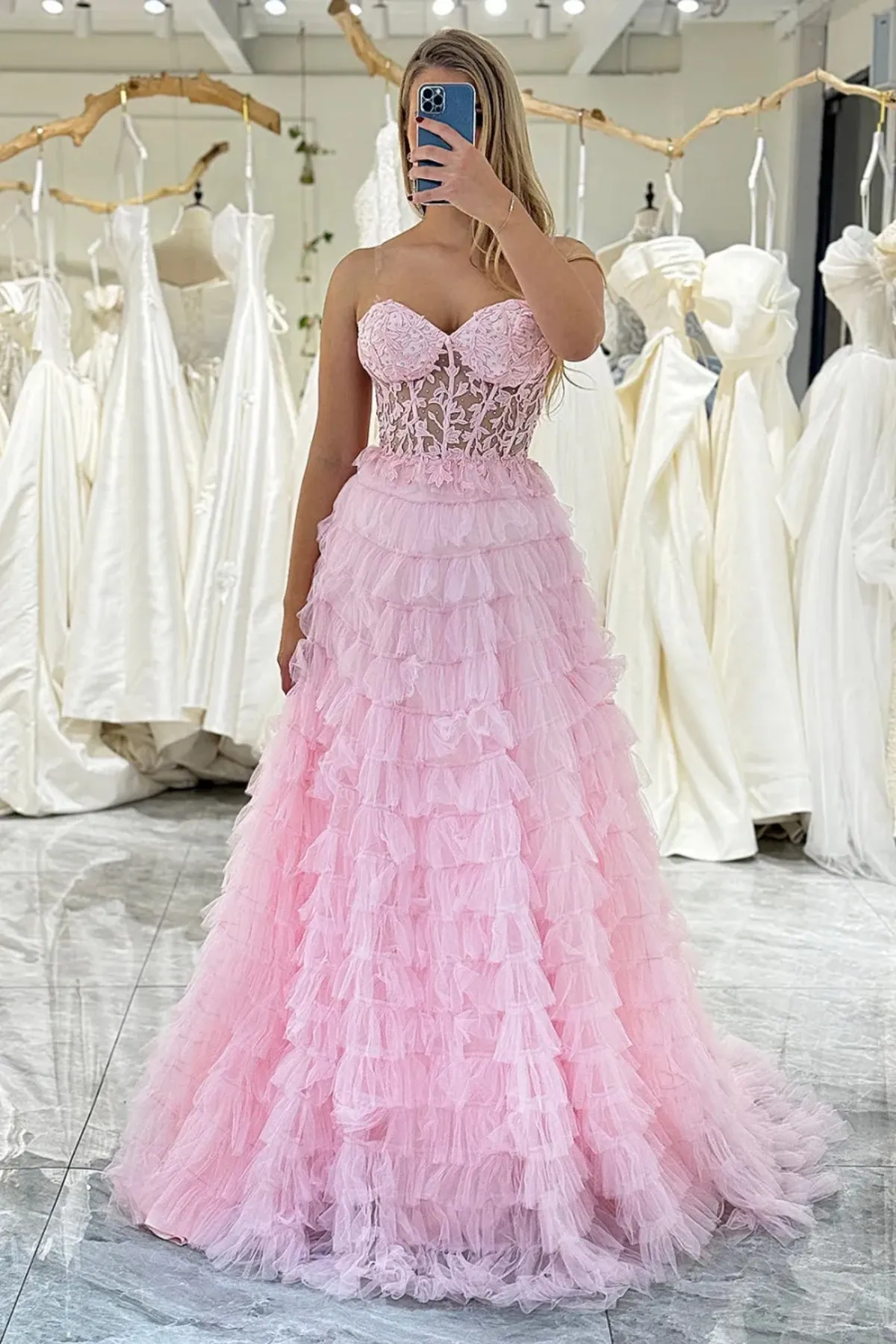 A Line Strapless Pink Lace Ruffle Long Prom Dress, Pink Lace Formal Dress, Pink Evening Dress A2110