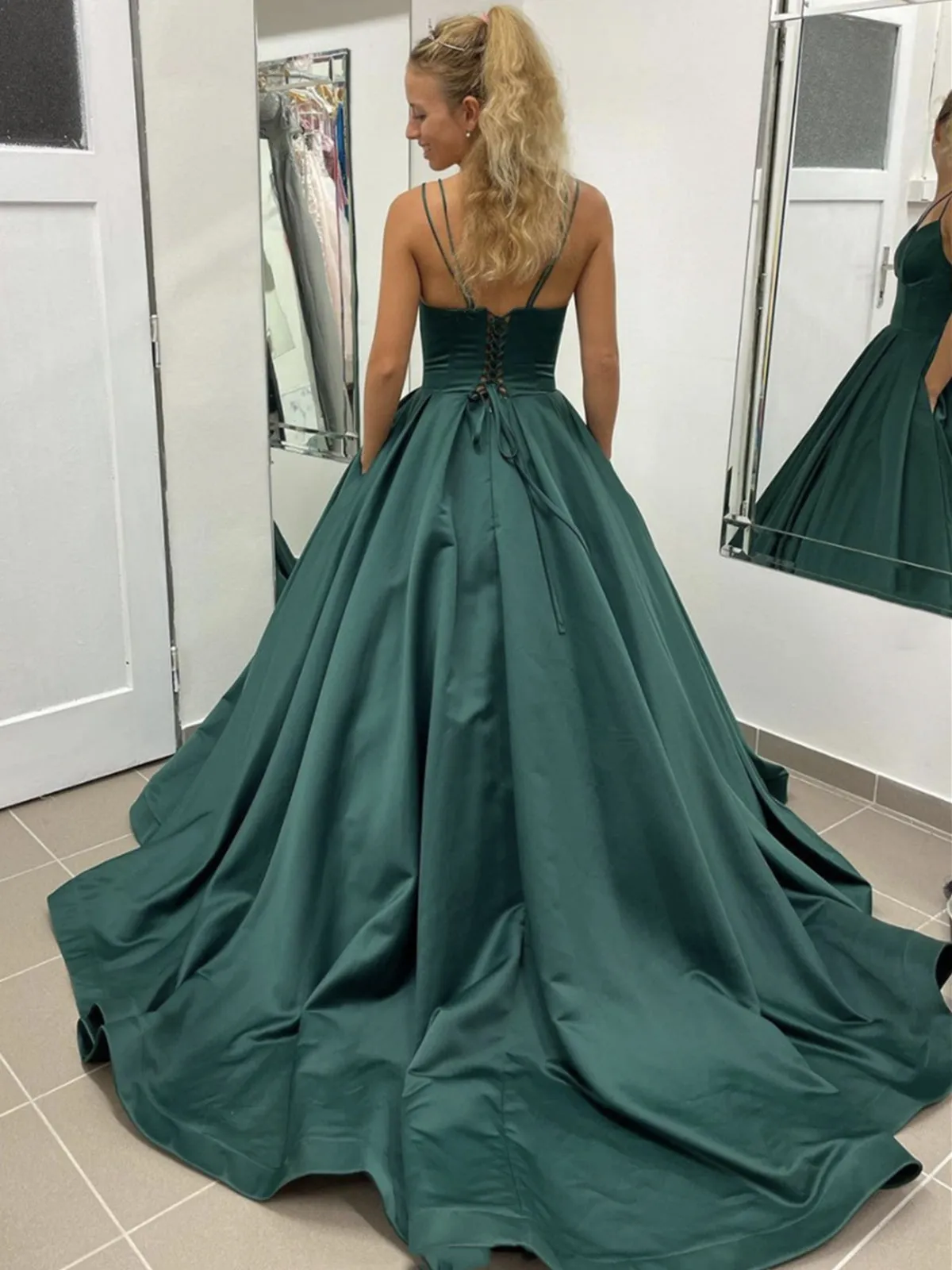 A Line V Neck Open Back Green Long Prom Dresses, Open Back Green Formal Graduation Evening Dresses