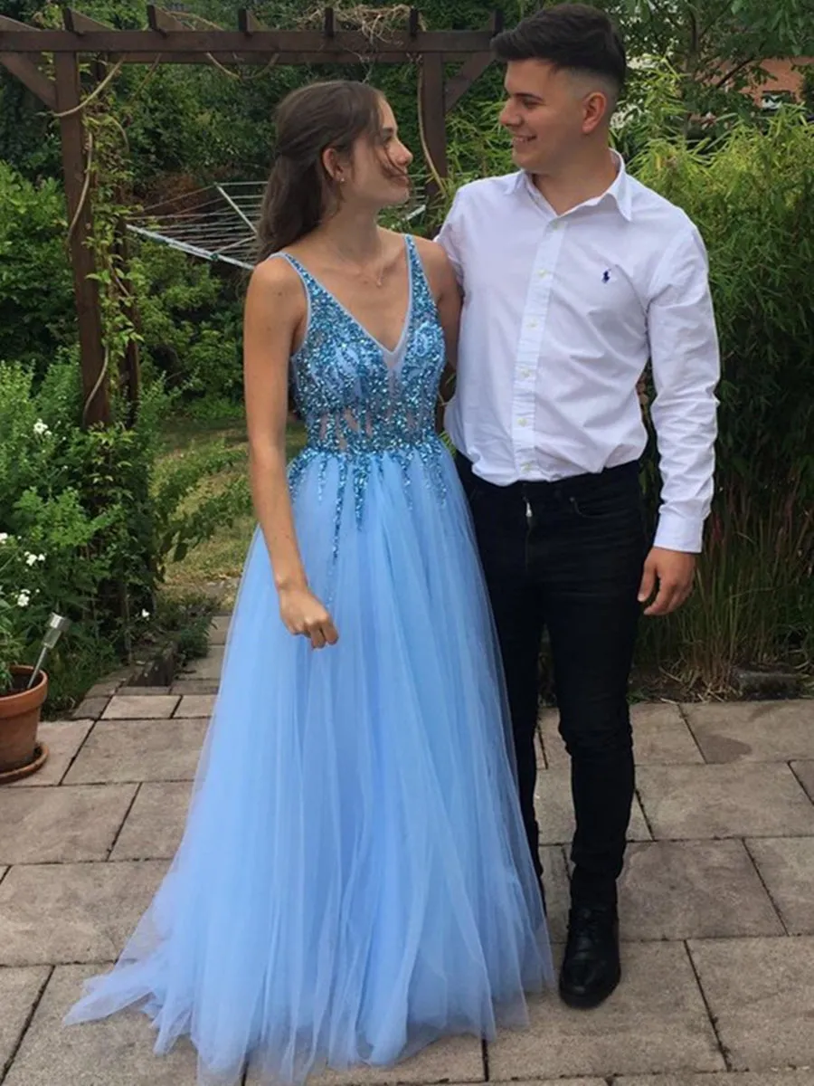 A Line V Neck Sequins Light Blue Prom, V Neck Blue Formal, Blue Evening