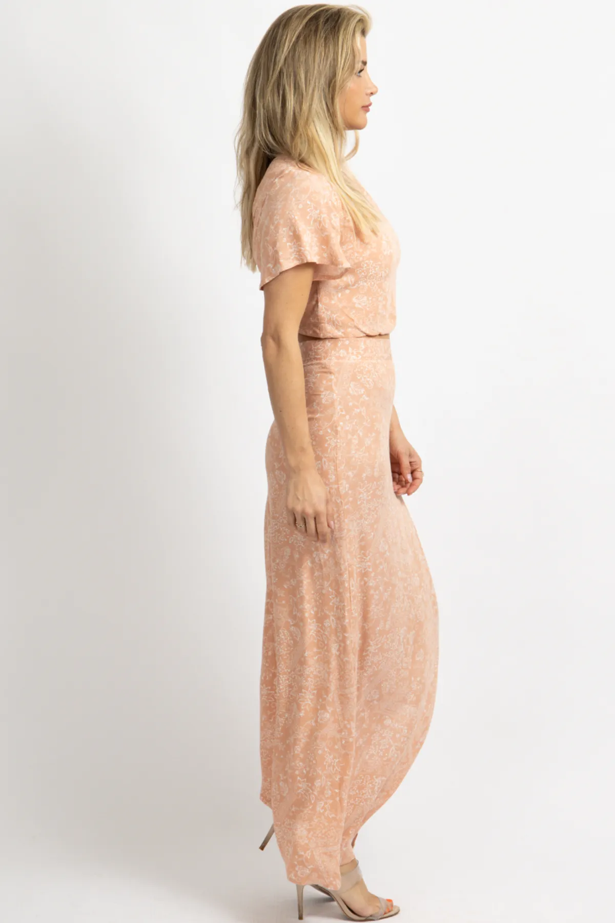 APRICOT WOVEN PRINT MAXI   CROP SET