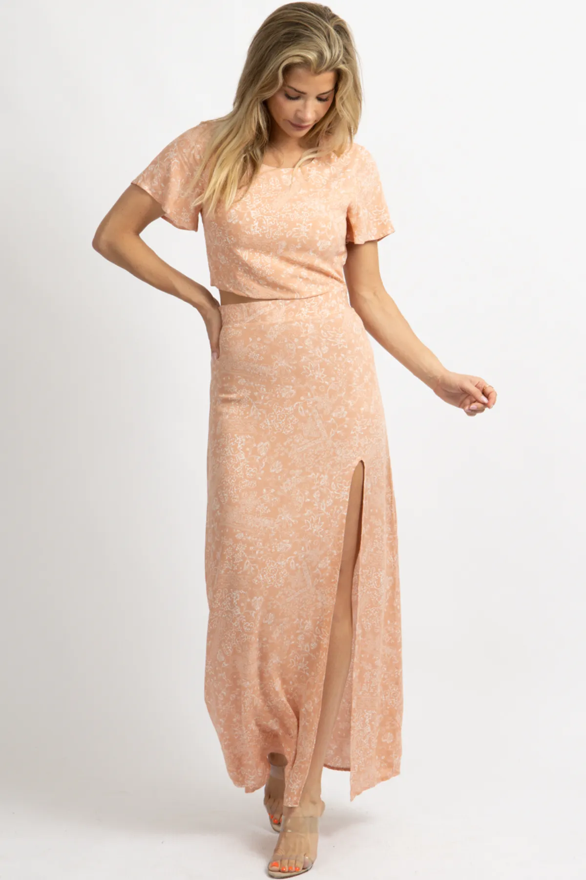 APRICOT WOVEN PRINT MAXI   CROP SET