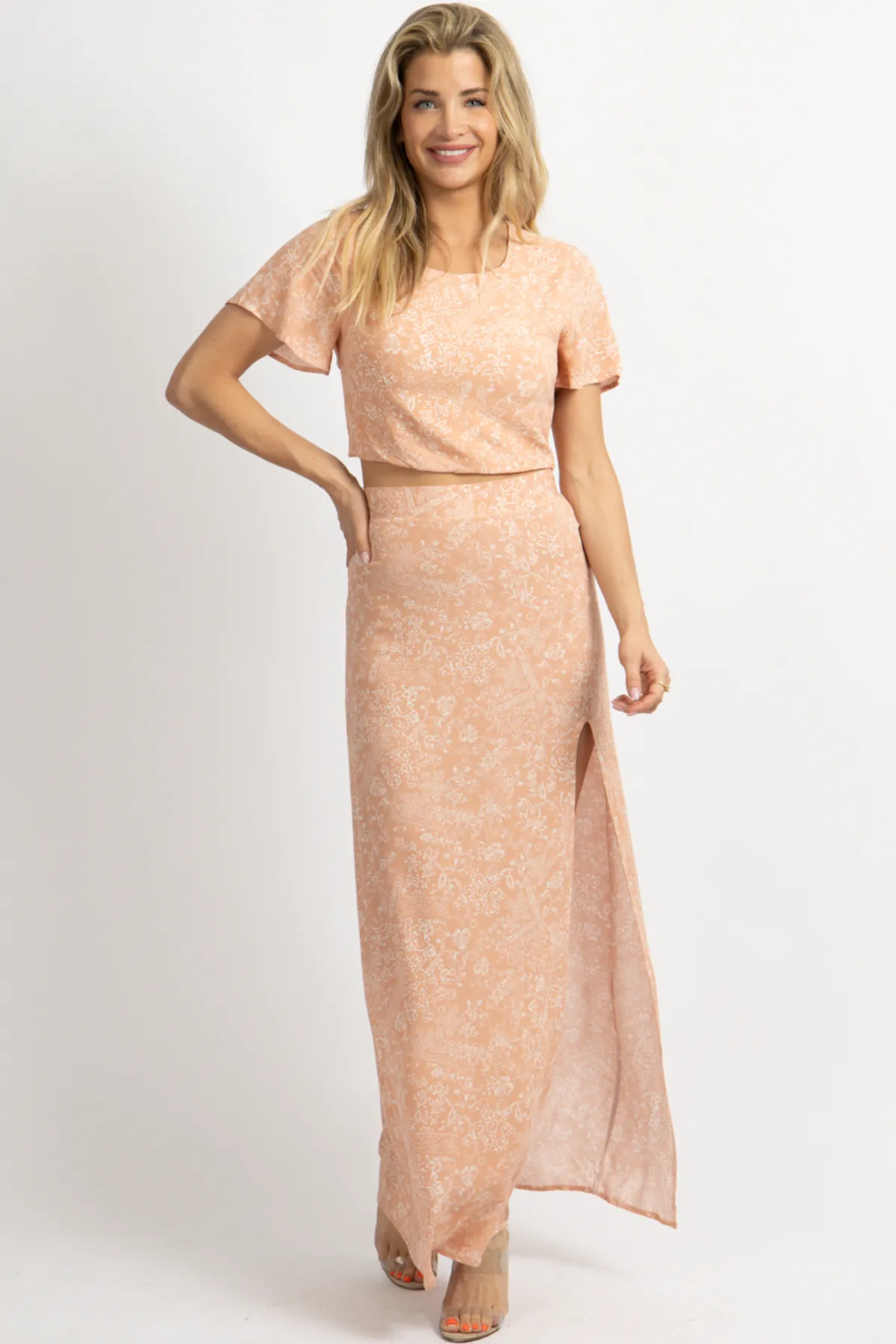 APRICOT WOVEN PRINT MAXI   CROP SET