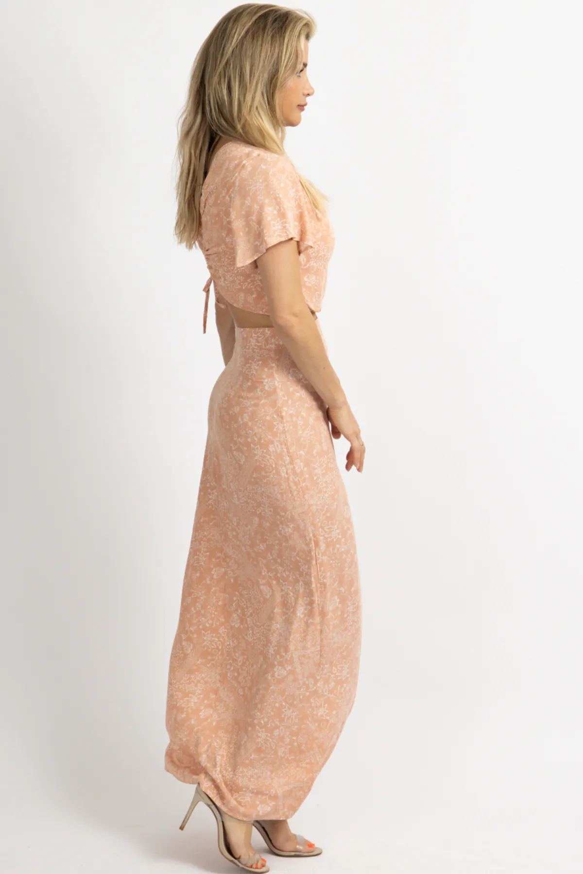 APRICOT WOVEN PRINT MAXI   CROP SET