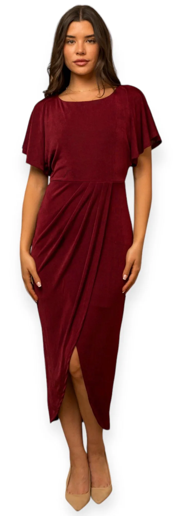 April's Burgundy Short Sleeve Twisted-Front Midi Dress