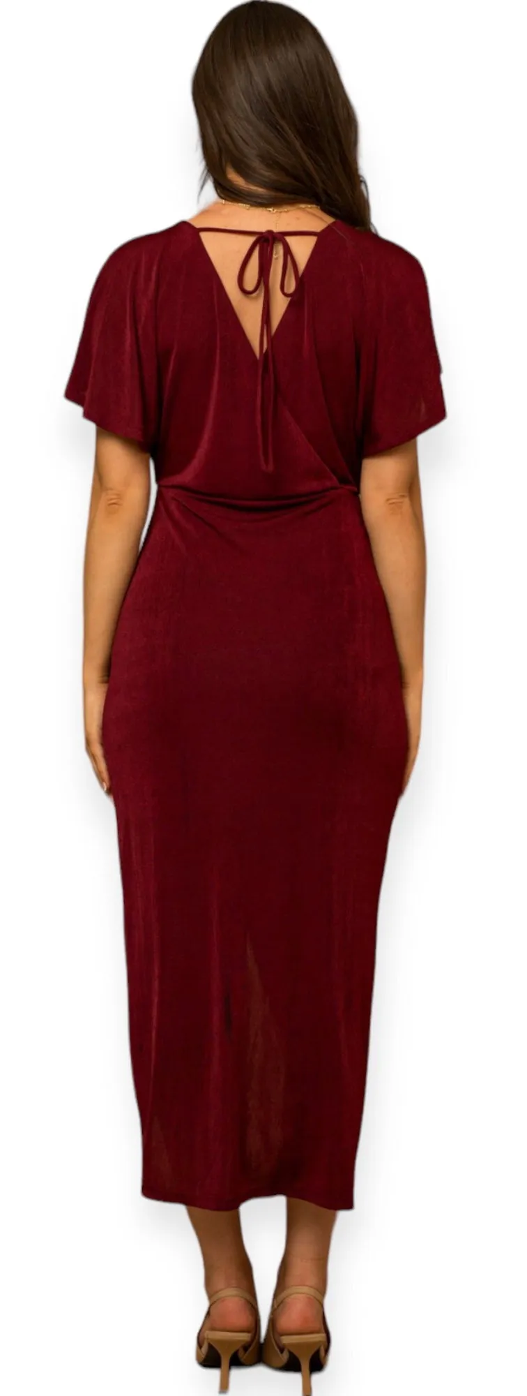 April's Burgundy Short Sleeve Twisted-Front Midi Dress