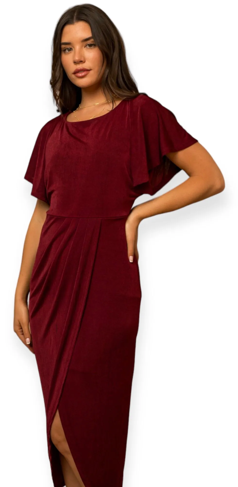 April's Burgundy Short Sleeve Twisted-Front Midi Dress