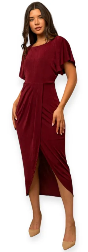 April's Burgundy Short Sleeve Twisted-Front Midi Dress