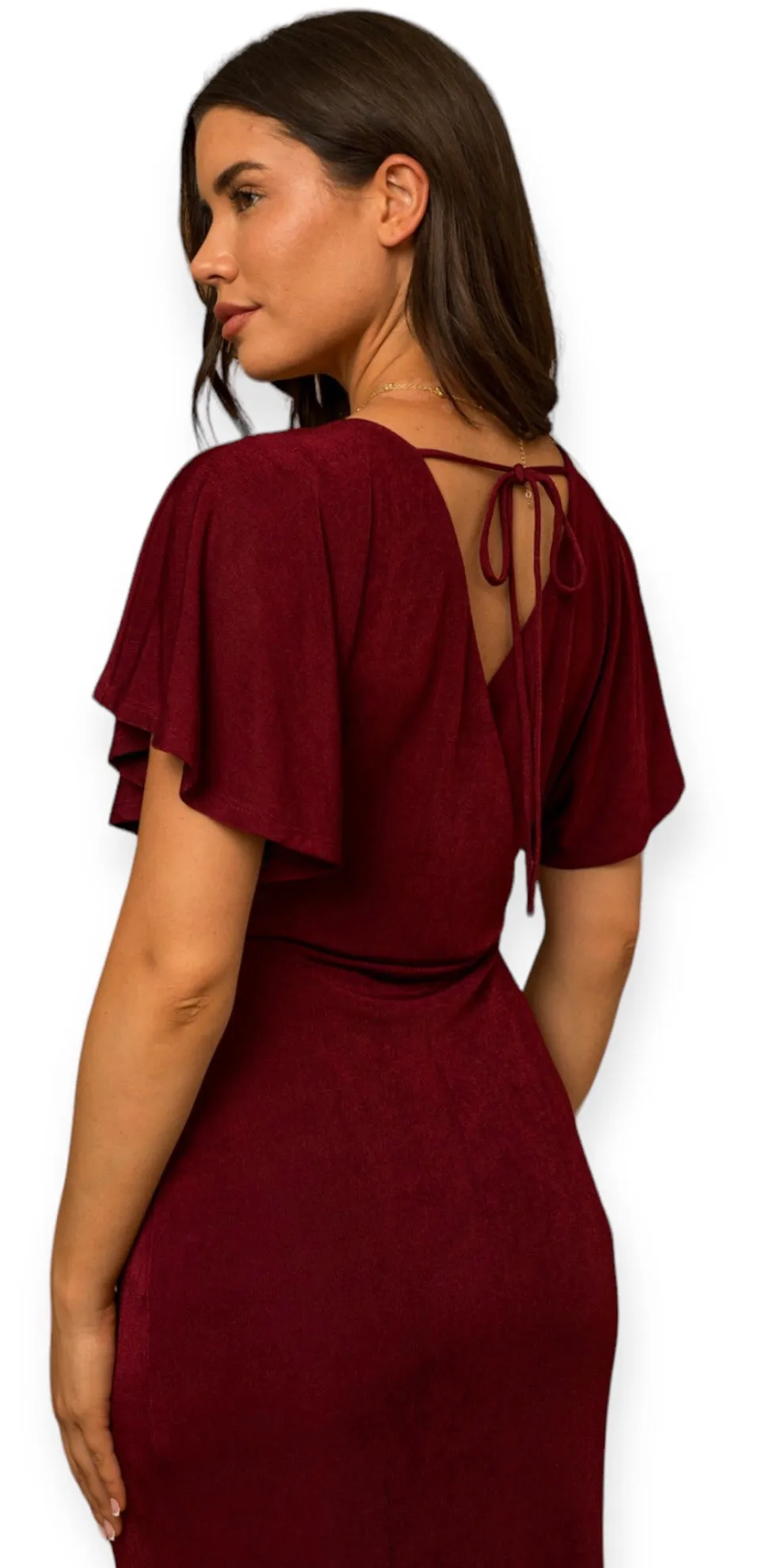 April's Burgundy Short Sleeve Twisted-Front Midi Dress