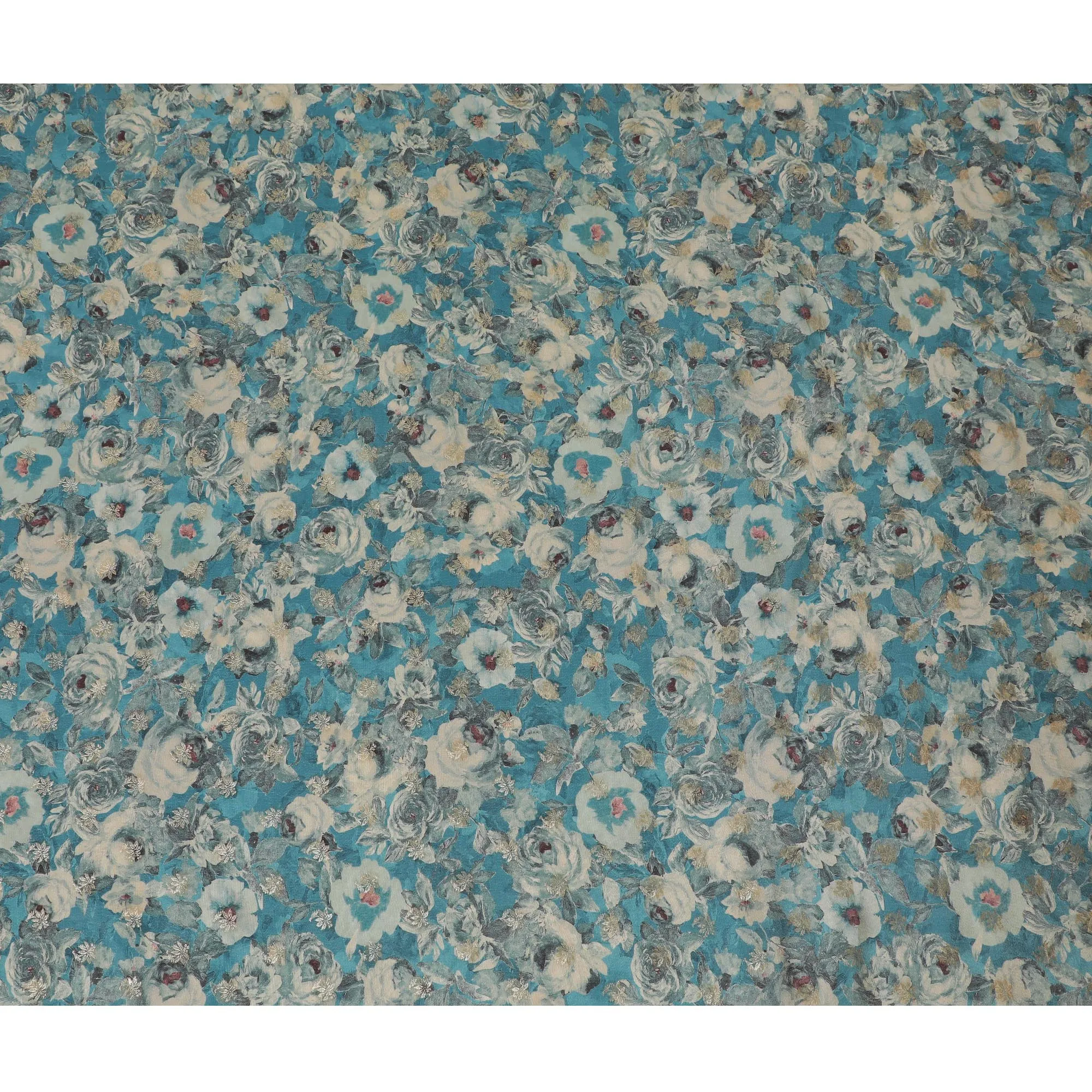 Aqua Blue & Grey Floral Viscose Digital Printed Fabric - Soft & Lightweight, 110 cm Width-D20261