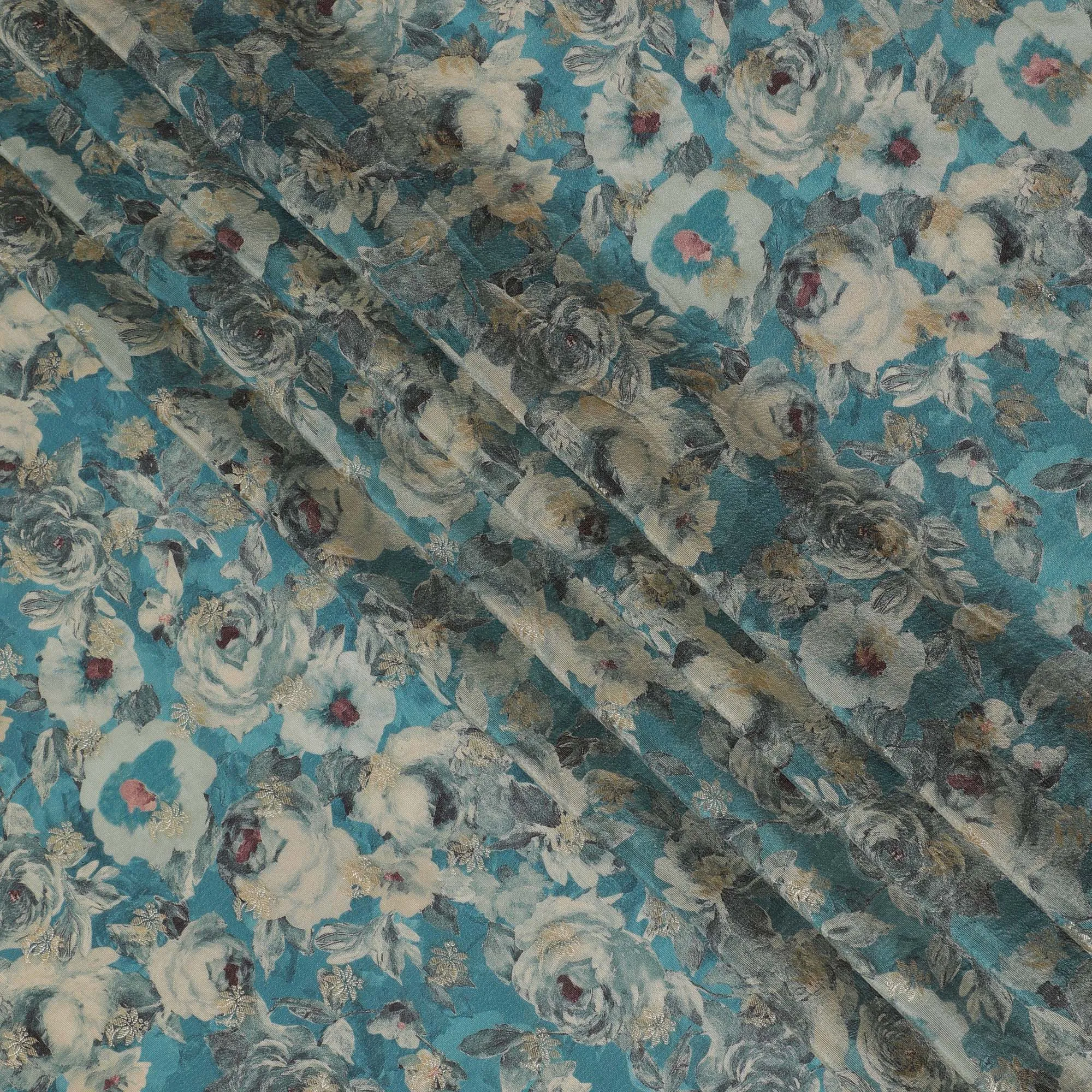 Aqua Blue & Grey Floral Viscose Digital Printed Fabric - Soft & Lightweight, 110 cm Width-D20261