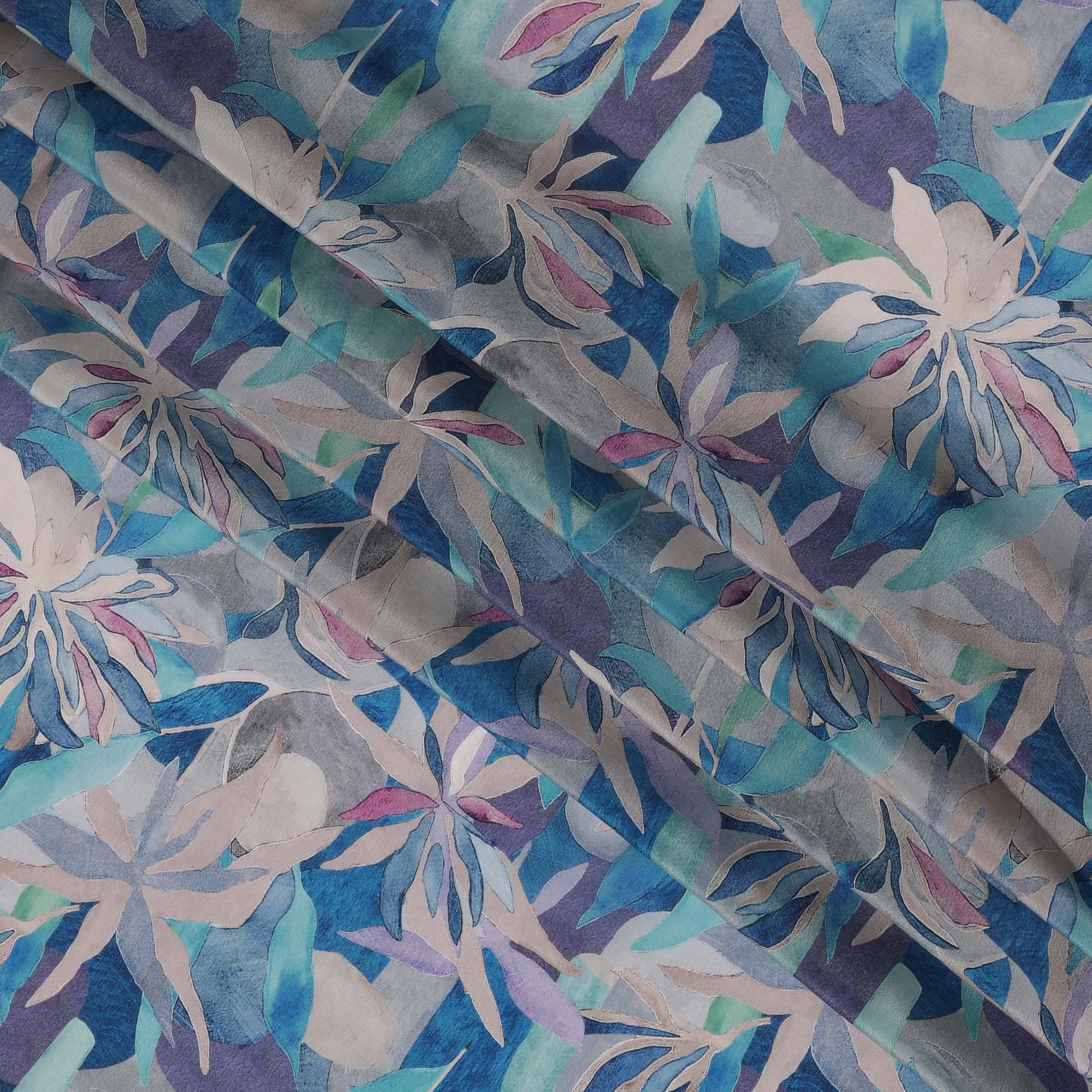 Aqua Blue Viscose Digital Printed Fabric with Abstract Leaf Design, 110 cm Width-D21305