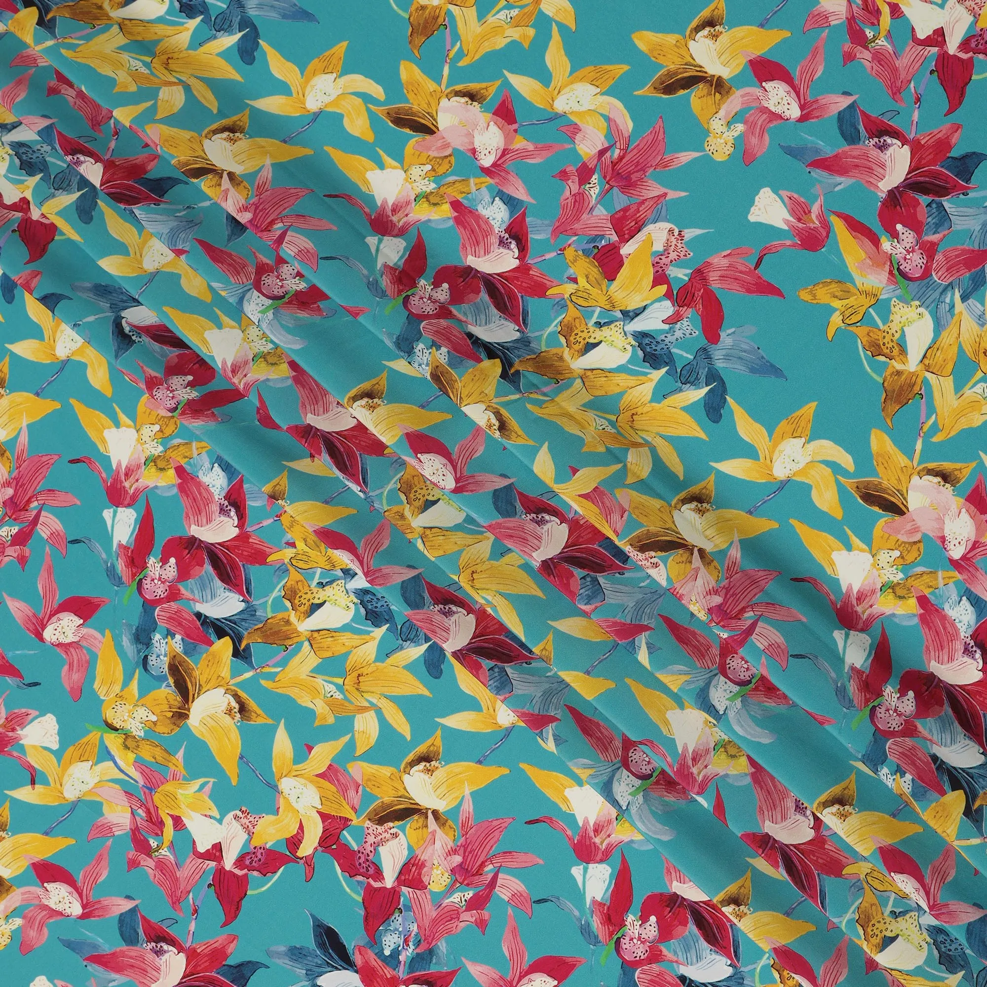 Aqua Blue Viscose Fabric with Bold Multicolor Floral Digital Print, 110 cm Width-D20628