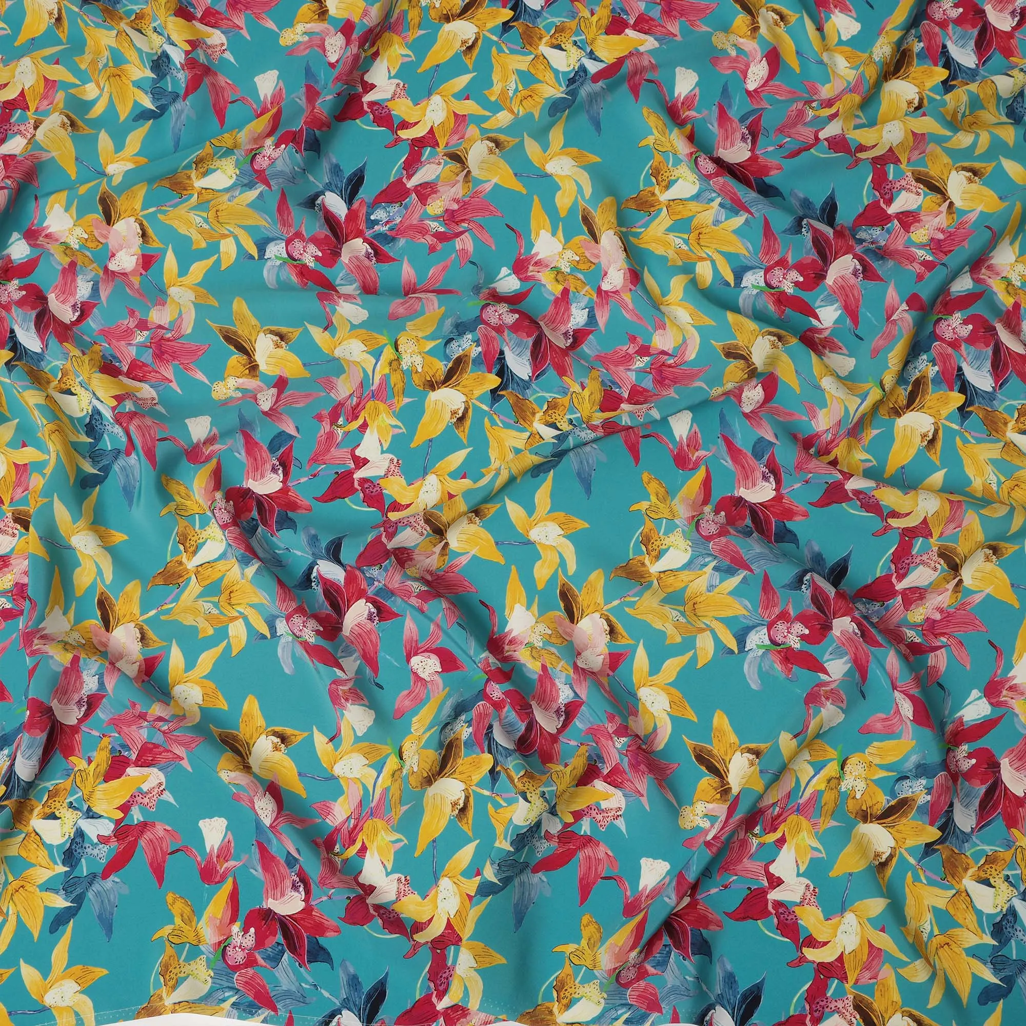 Aqua Blue Viscose Fabric with Bold Multicolor Floral Digital Print, 110 cm Width-D20628