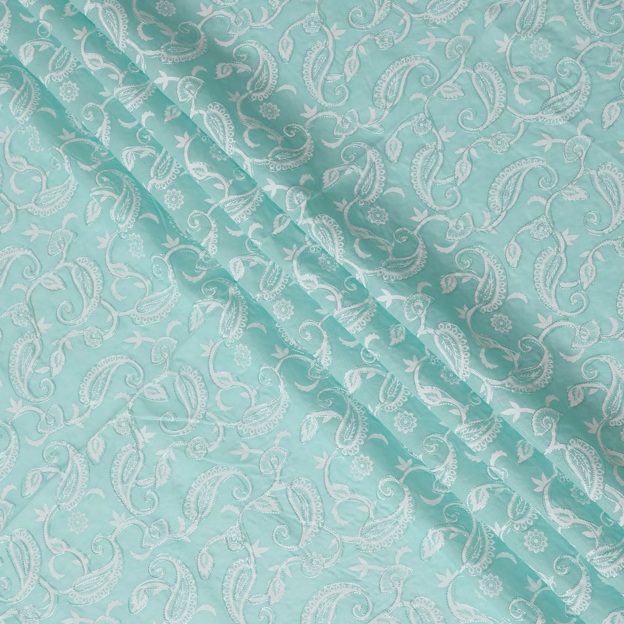 Aqua Flourish Embroidered Cotton Voile Fabric - Refreshing 110cm-D17576