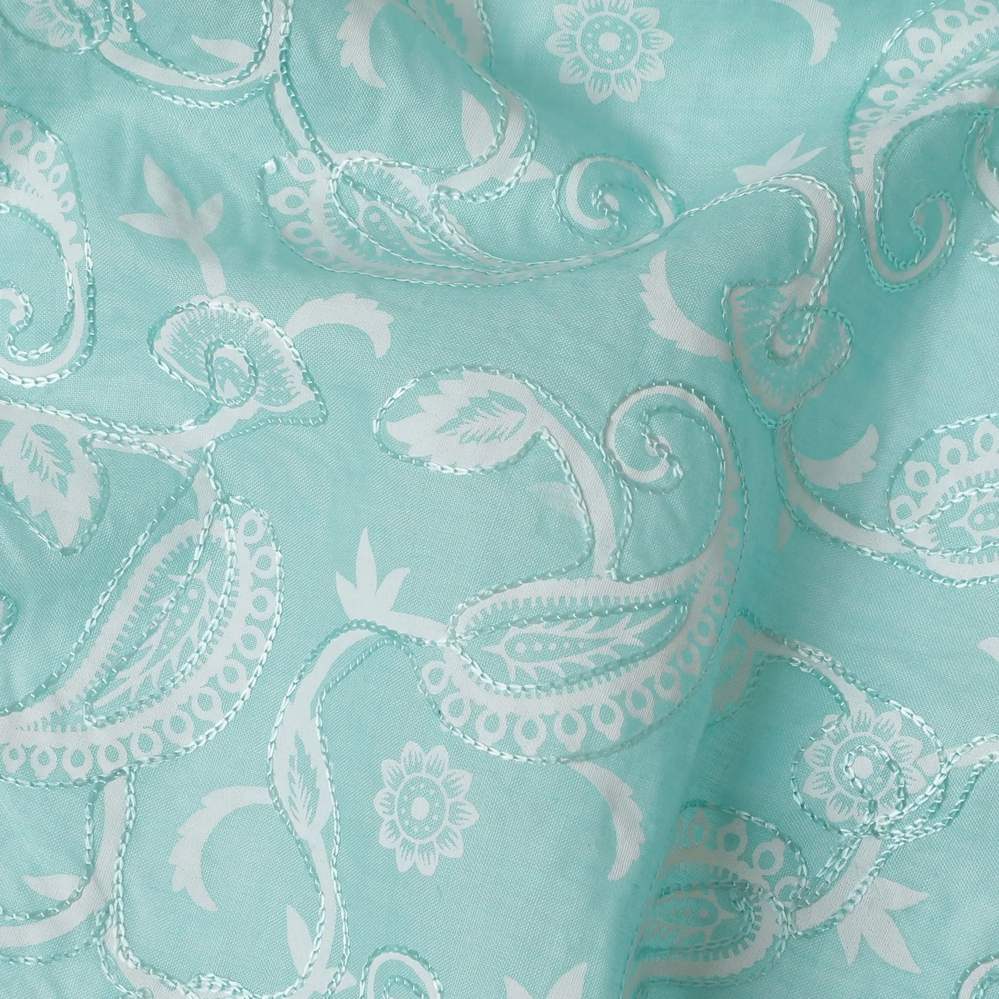 Aqua Flourish Embroidered Cotton Voile Fabric - Refreshing 110cm-D17576