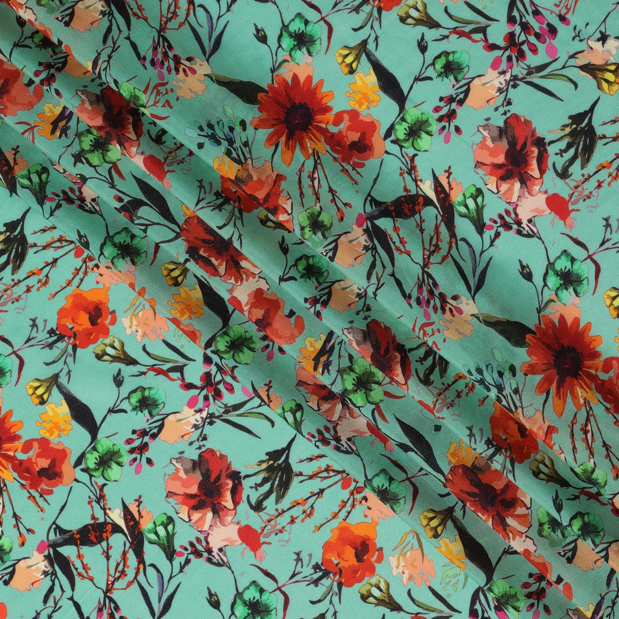 Aqua Green Floral Viscose Crepe Digital Print Fabric, 110 cm Wide, Made in India-D20989