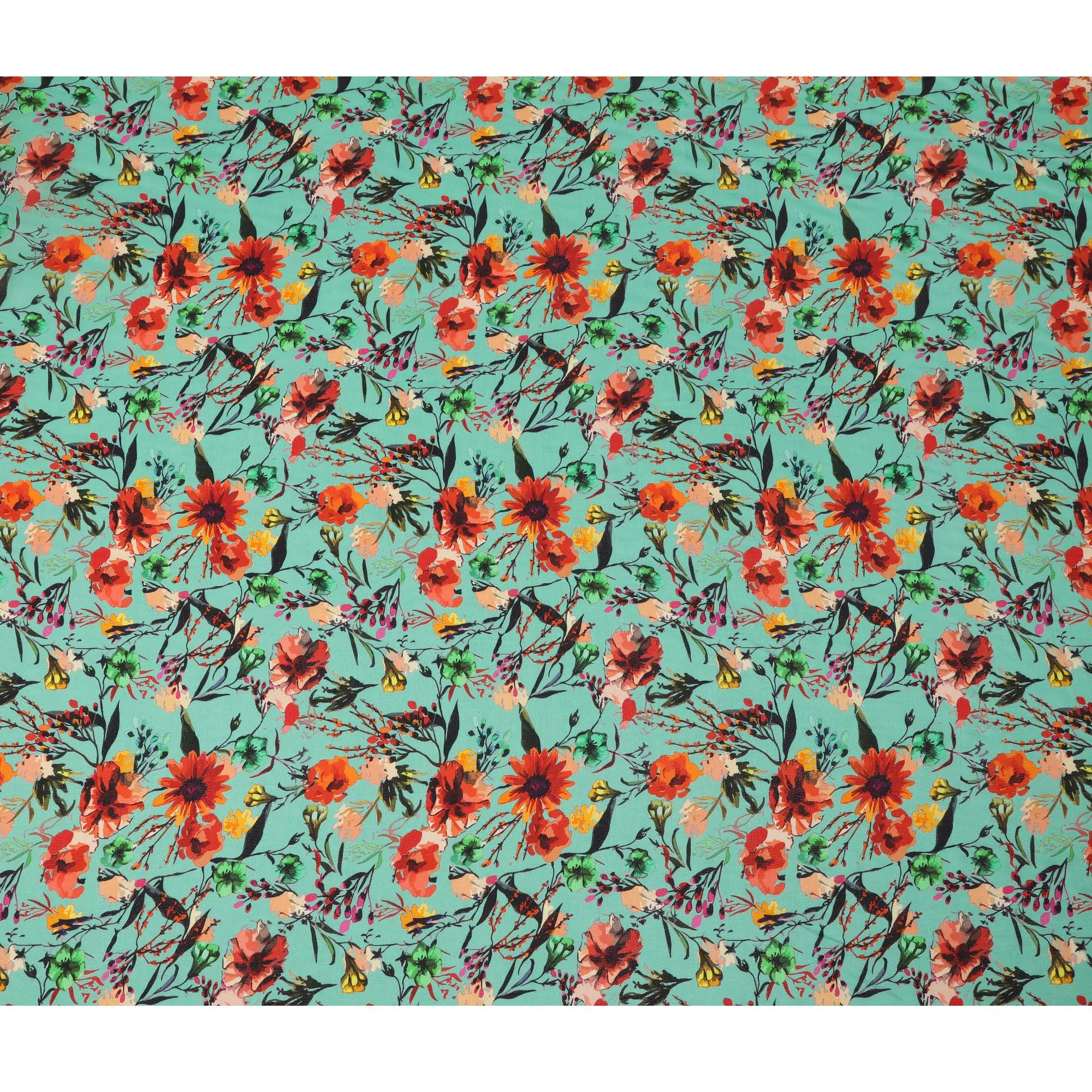 Aqua Green Floral Viscose Crepe Digital Print Fabric, 110 cm Wide, Made in India-D20989