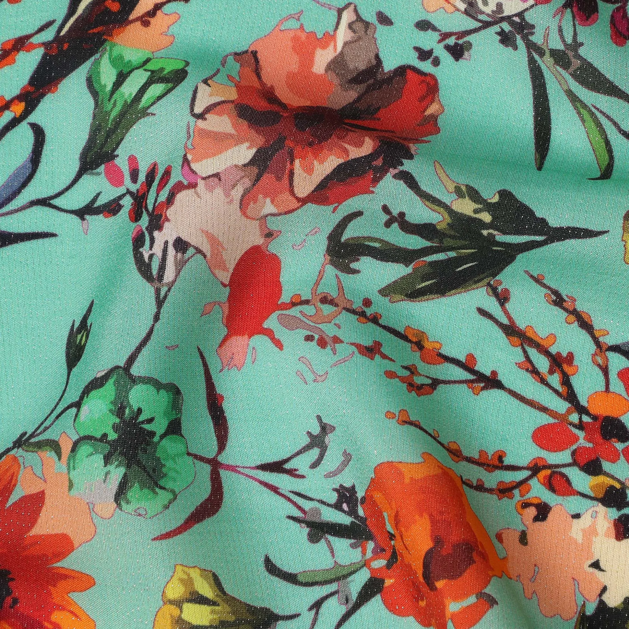 Aqua Green Floral Viscose Crepe Digital Print Fabric, 110 cm Wide, Made in India-D20989