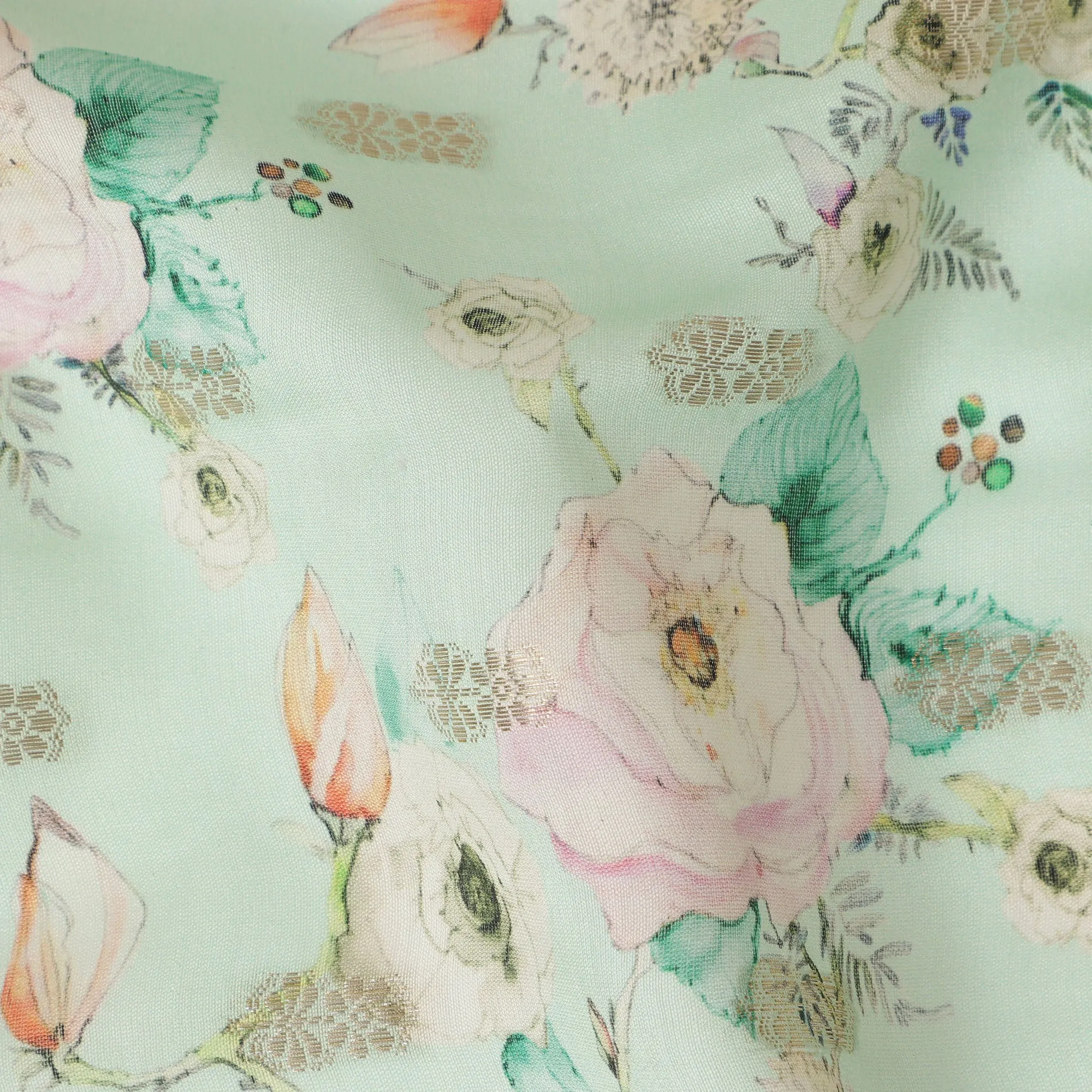 Aqua Green Viscose Blended Fabric with Peach and White Floral Embroidery, 110 cm Width-D20443