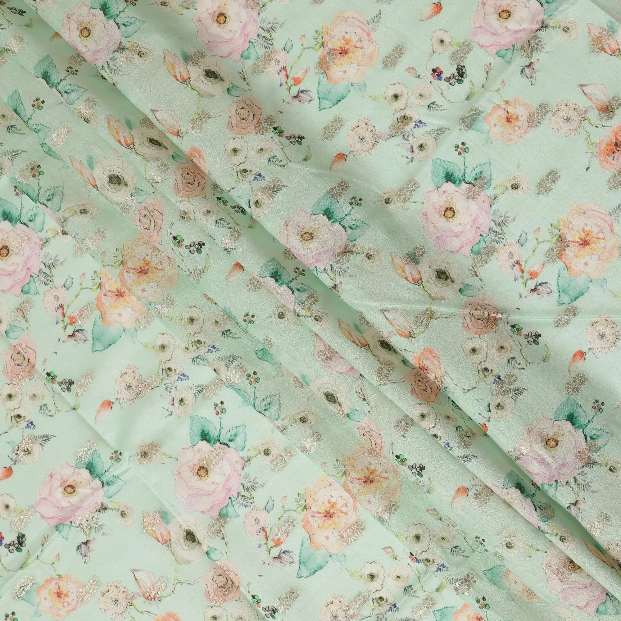 Aqua Green Viscose Blended Fabric with Peach and White Floral Embroidery, 110 cm Width-D20443