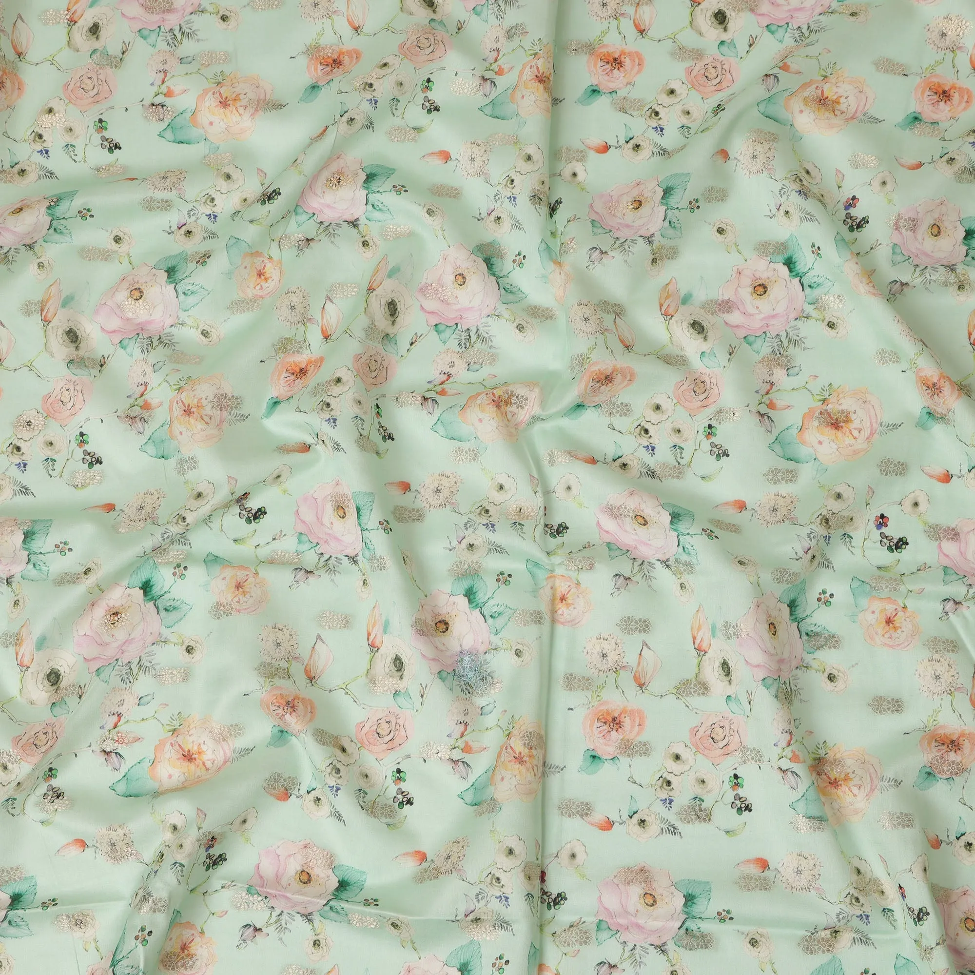 Aqua Green Viscose Blended Fabric with Peach and White Floral Embroidery, 110 cm Width-D20443