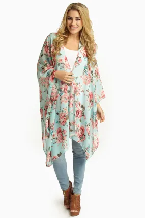 Aqua Pink Floral Sheer Maxi Cardigan