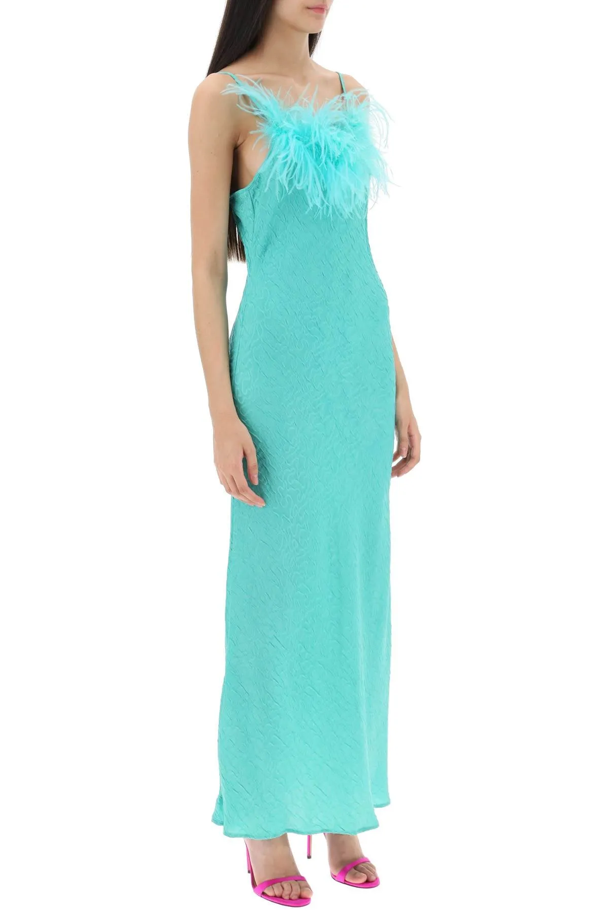 Art dealer 'ella' maxi slip dress in jacquard satin with feathers