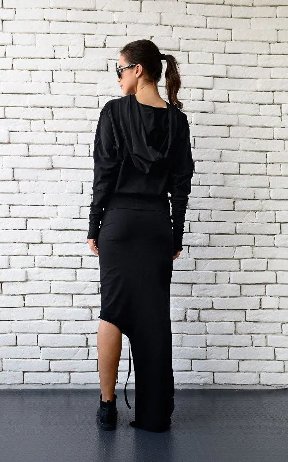 Asymmetric Hooded Long Dress In Black