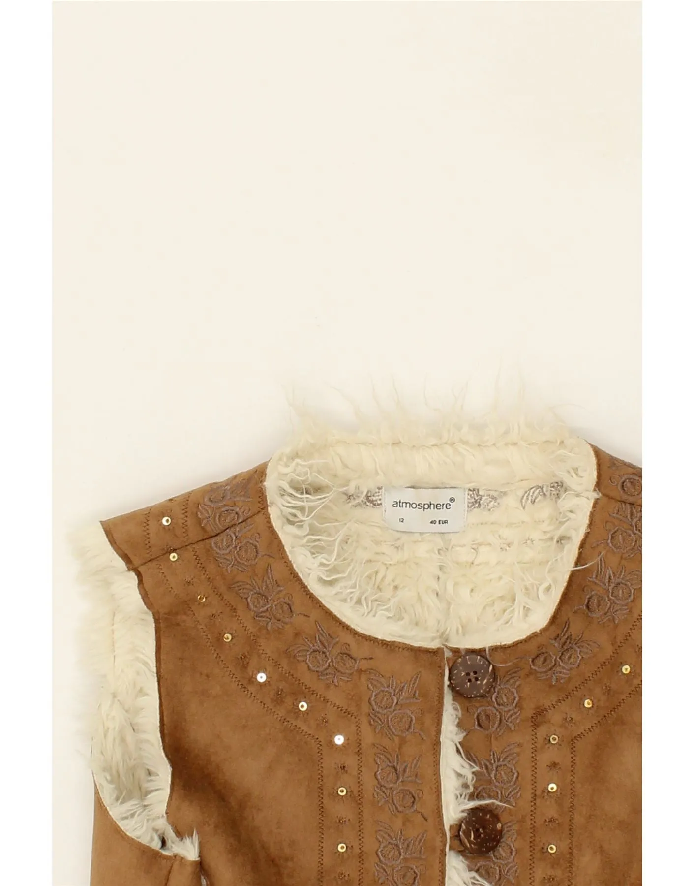 ATMOSPHERE Womens Sherpa Gilet UK 12 Medium Brown Floral Polyester