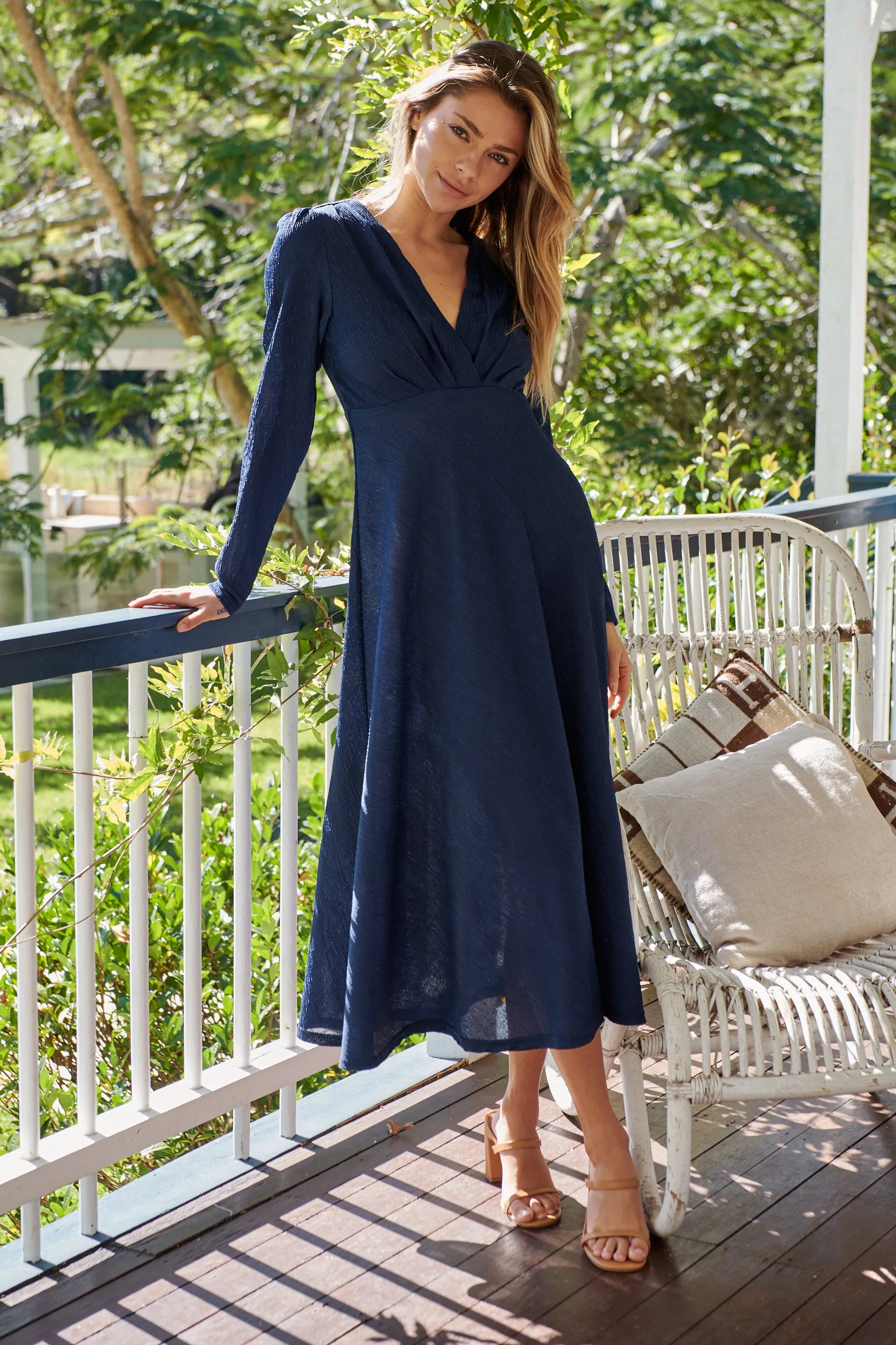 Azalia Navy V Neck Long Sleeve Evening Dress